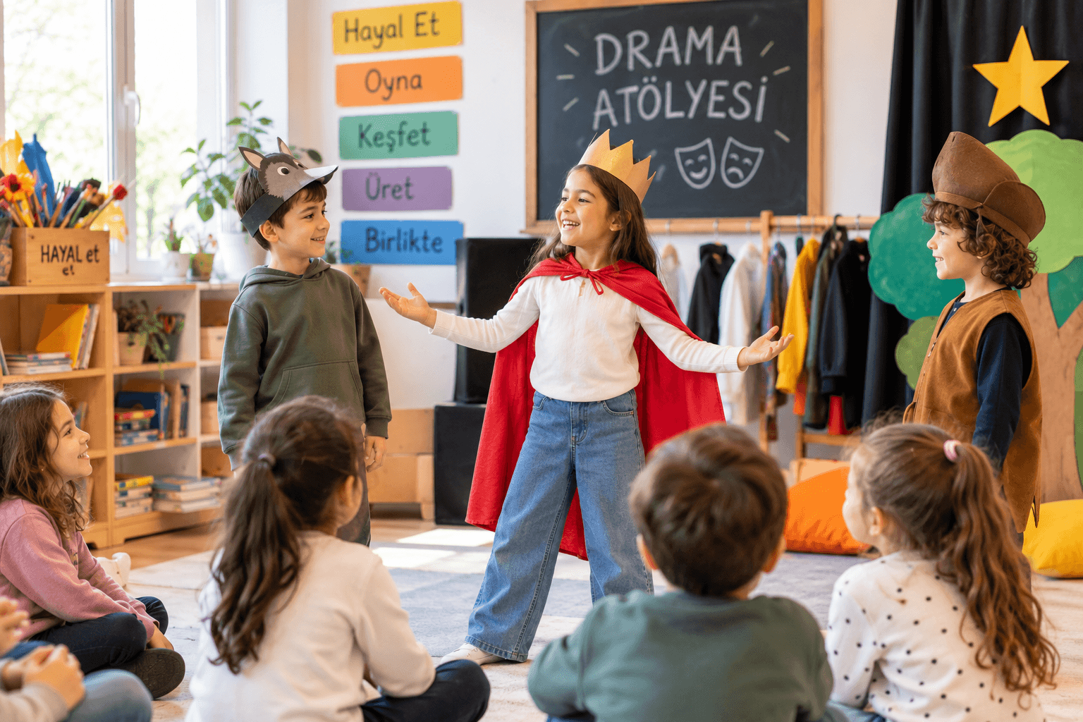Drama atölyesinde rol oyunu yapan çocuklar
