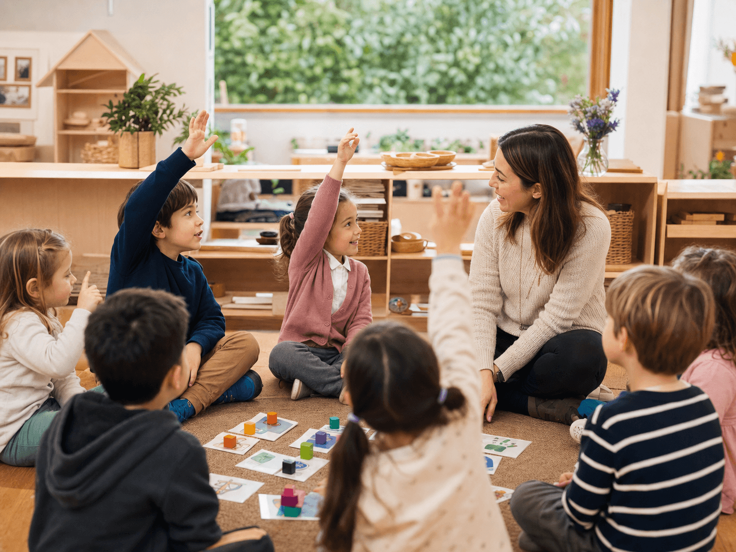 Çocukların öğretmenleriyle birlikte çember saatinde paylaşım yaptığı öğrenme ortamı