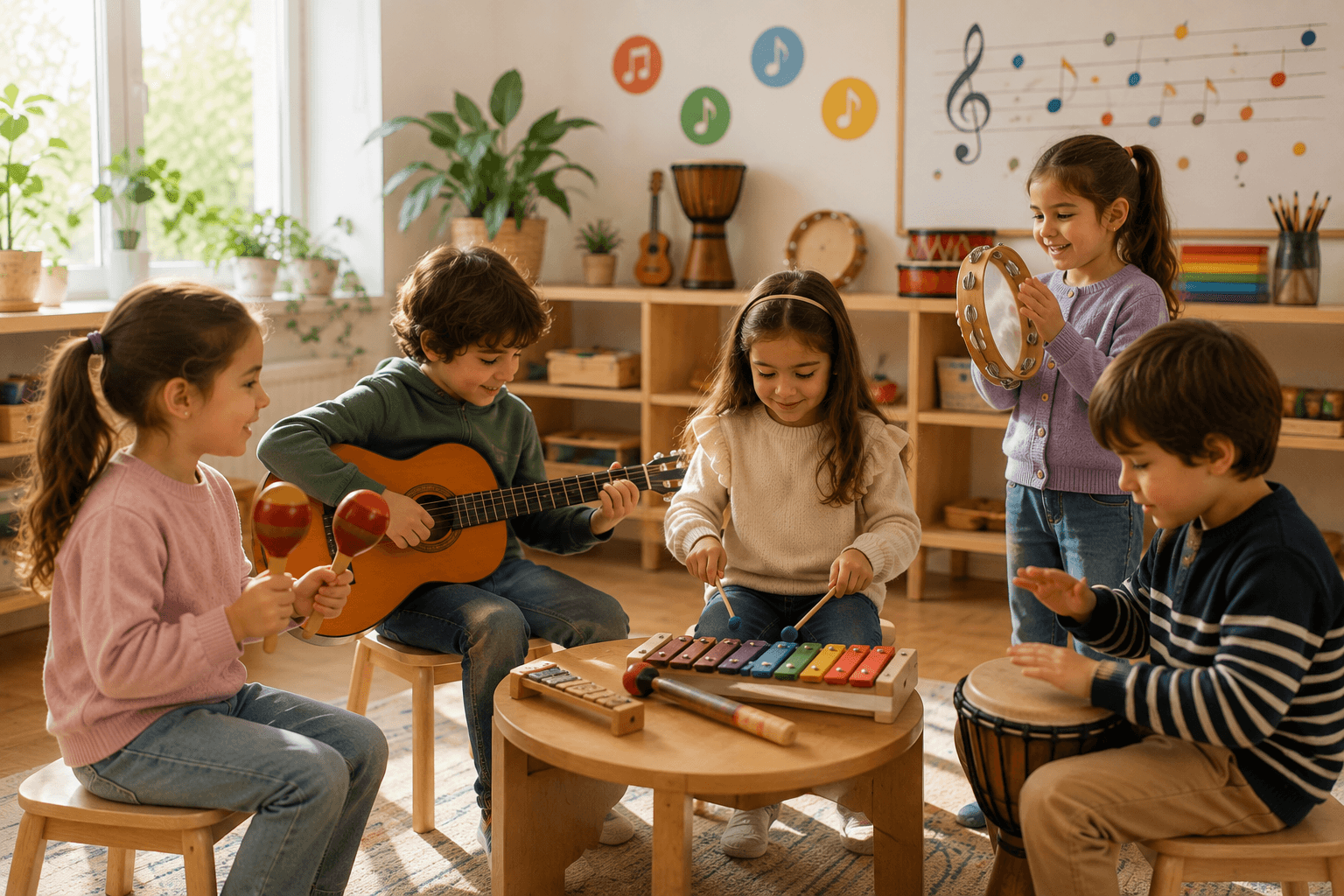 Müzik atölyesinde enstrümanlarla çalışan çocuklar
