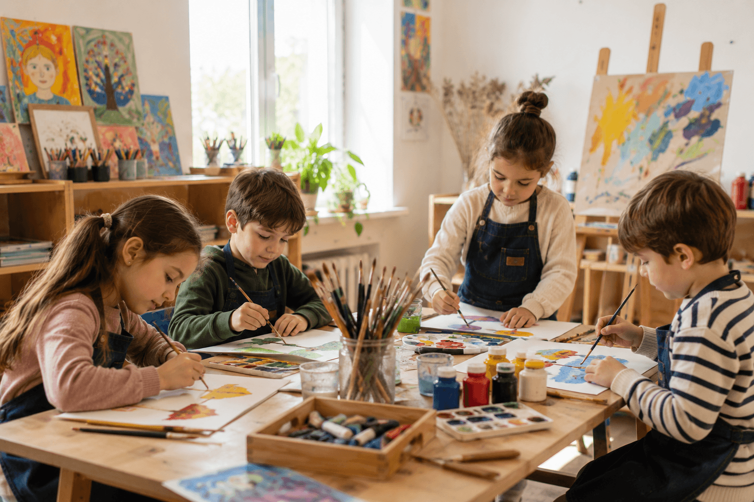 Sanat atölyesinde resim yapan çocuklar