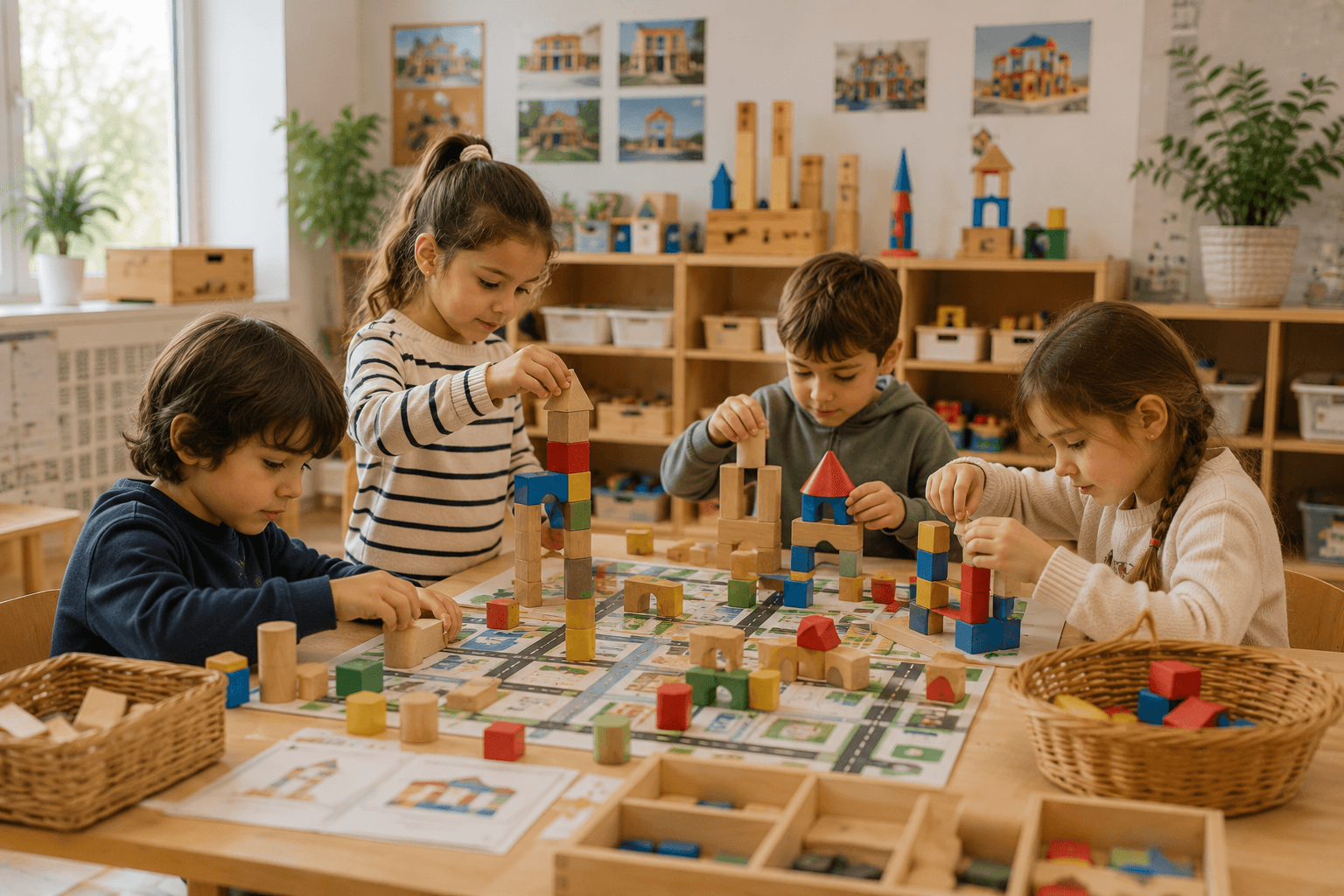 Yapı ve inşa atölyesinde bloklarla çalışan çocuklar